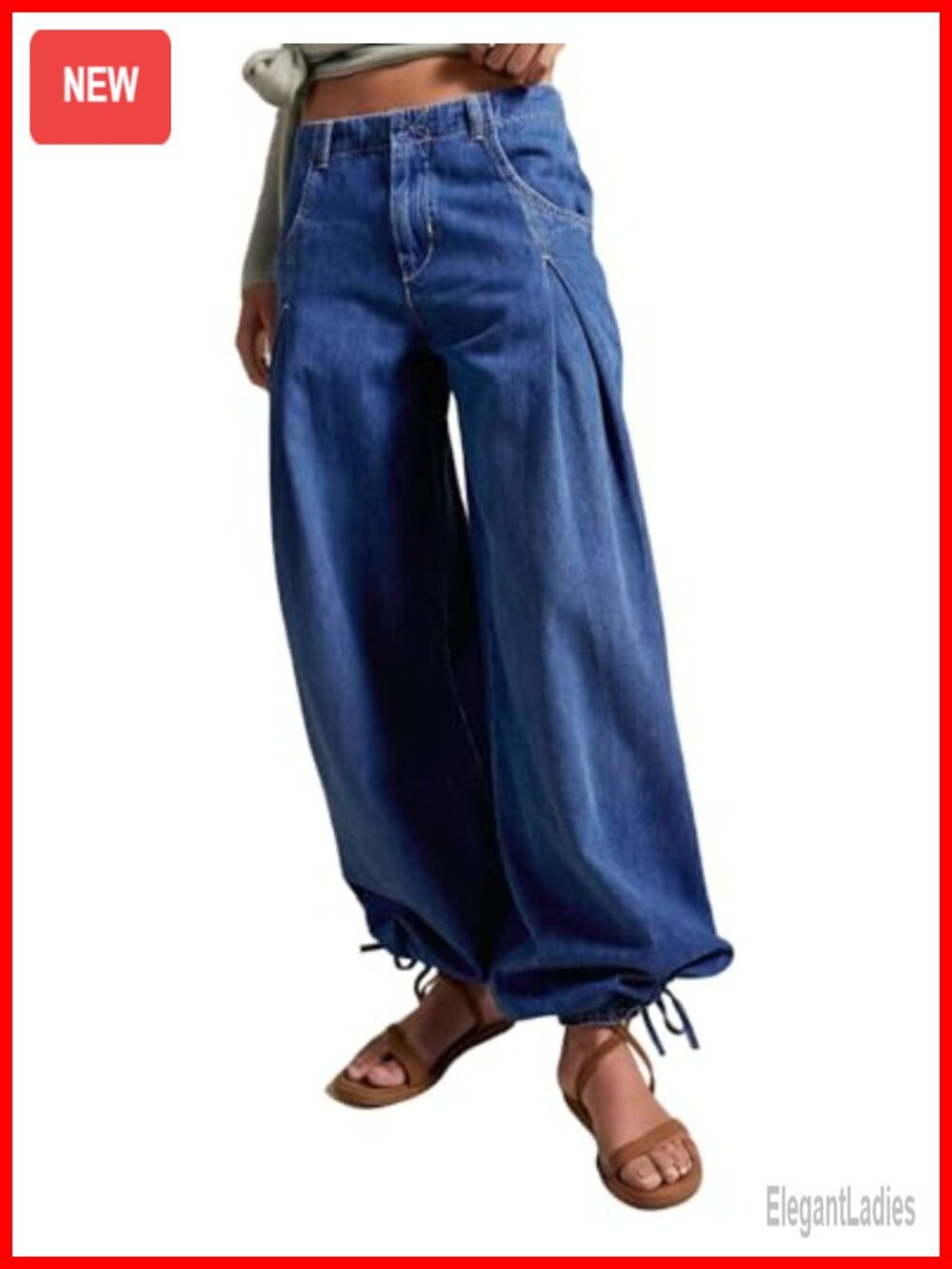 Women Mid Rise Wide Leg Jeans Balloon Denim Drawstring Baggy Tapered Barrel